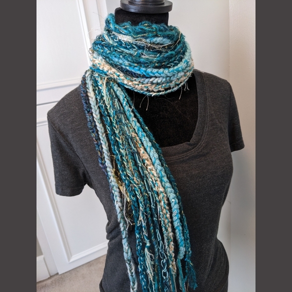 Teal Gold Aqua Ivory Handmade Fringe Scarf!! New Made By Lola - Picture 1 of 10
